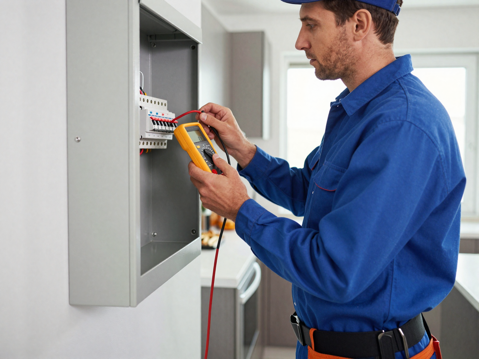 Professional electrician installing electrical panel with tools